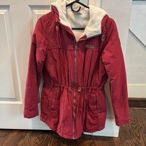Red Coat with Hood and Drawstring Waist